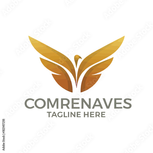 Golden eagle logo with outstretched wings and company name comrenaves isolated on white background, Vector, illustration