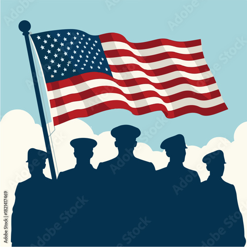 vektor Patriotic Veterans Day illustration with silhouettes of soldiers, American flag waving in the background, bold and heroic style