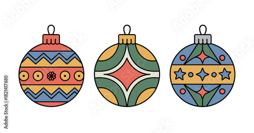 Three stylized Christmas ornaments with geometric patterns and festive colors hang on white background.