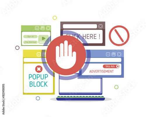Illustration showing a laptop surrounded by multiple pop-up ads with a large stop-hand symbol, representing blocking intrusive advertisements and preventing unwanted pop-ups.
