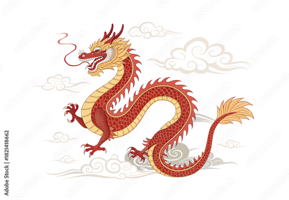 Obraz premium Red and gold Chinese dragon with scales, whiskers, claws, and decorative cloud patterns, isolated on a transparent background