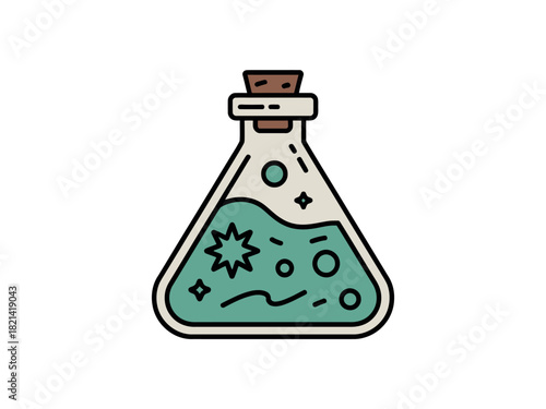 A stylized laboratory flask contains a bubbling green liquid with shimmering particles and geometric shapes within.