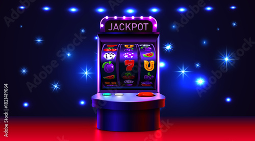 Bright slot machine with Jackpot sign, ready for a big win in a sparkling casino background.