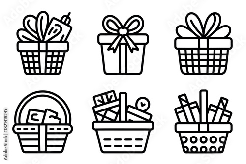 A set of six stylized line art icons representing gift baskets and wrapped presents for various occasions.