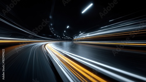 Fototapeta Naklejka Na Ścianę i Meble -  3D technology tunnel with running data lines, speed and connectivity.