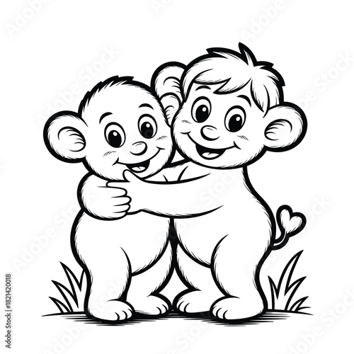 Two cute cartoon bear cubs hugging each other warmly in a grassy field illustration isolated on white background, Vector, illustration