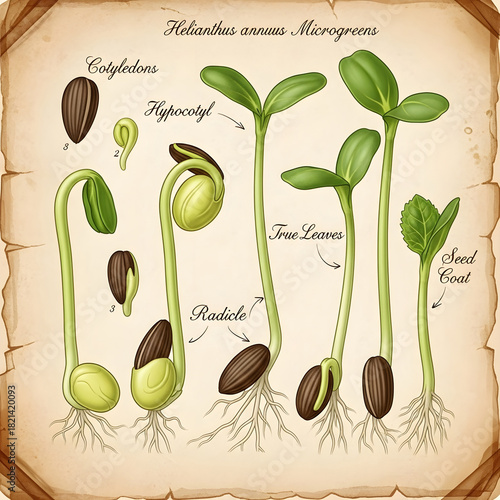 Vintage botanical illustration depicting stages of seed germination and plant growth