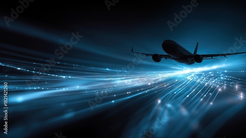 Silhouette of Large Aircraft with Abstract Data Flow and AI Patterns, Corporate Blue Gradient, Minimalist Tech Aesthetic