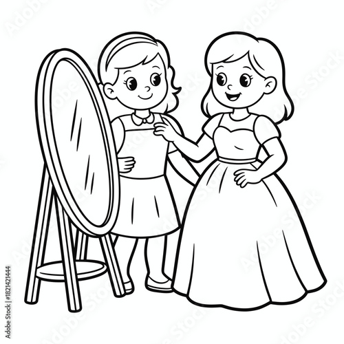 Two cartoon girls trying on a dress in front of a mirror, simple line art illustration isolated on white background, Vector, illustration