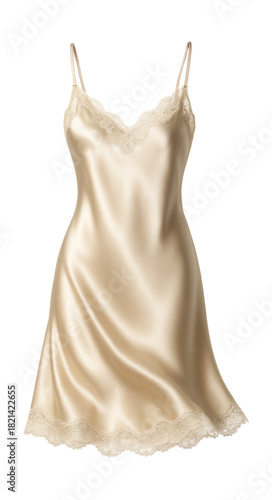 Champagne satin slip dress with lace trim and adjustable straps.