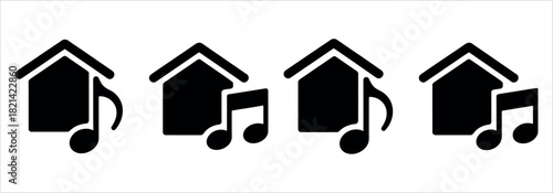 Listen at home with joyful tunes, a set of simple black music house icons for your creative designs and musical projects for a happy home.