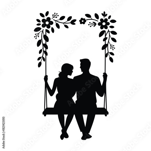 Silhouette couple on a swing embracing amidst floral decorations, romantic moment captured isolated on white background, Vector, illustration