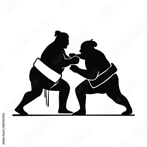 Two sumo wrestlers in silhouette facing each other in a fighting stance. 76 isolated on white background, Vector, illustration