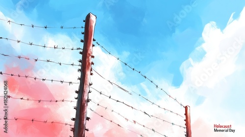 Barbed wire against blue and red sky for holocaust memorial day