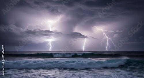 Fototapeta Naklejka Na Ścianę i Meble -  Multiple Lightning Strikes Over Stormy Ocean at Night