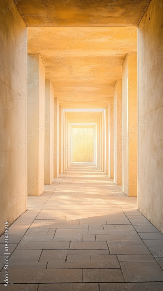 Fototapeta premium Sunlit abstract architecture corridor with geometric patterns and warm tones