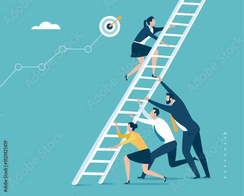 Career. Helping to achieve a goal. The team helps woman to climb the ladder to achieve a goal. Business vector illustration 