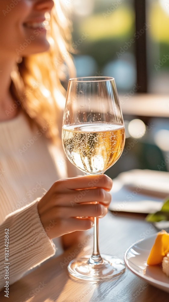 Obraz premium Smiling young caucasian female enjoying sparkling wine at sunset
