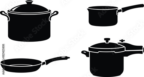 Cookware silhouettes, frying pan and pressure cooker