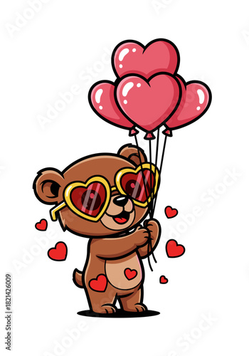 Adorable cartoon bear with heart glasses holding pink heart balloons surrounded by floating hearts in love theme