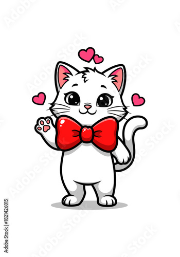 White cartoon cat with red bow tie waving paw surrounded by hearts in romantic and cute illustration style