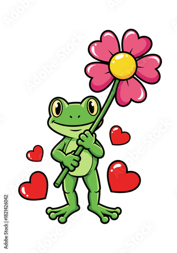 Cartoon frog holding pink heart flower surrounded by red hearts in cheerful Valentine's Day setting