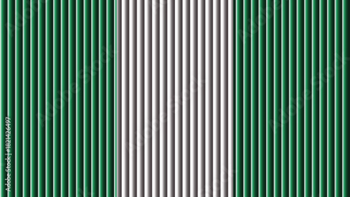 A striking visual pattern of alternating vertical green and silver stripes dominates the image