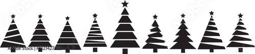 Black nine Christmas tree drawing clip art collection in white background, vector silhouette clean & simple tree set design template for holiday,   Christmas tree with a star on top, 
