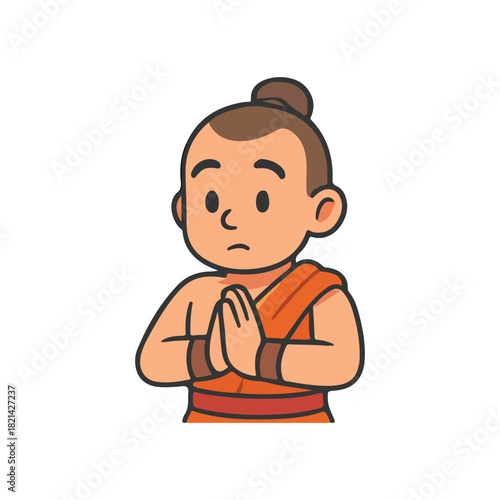 Young monk praying calmly. Buddhist monk in respectful gesture. Peaceful monk character with prayer pose.
