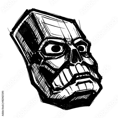 monochrome comic book style illustration of an aggressive skull face for halloween party flyers, rock band merchandise, graphic novel art, and t-shirt design
