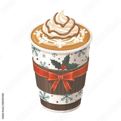 Festive holiday coffee with whipped cream and chocolate drizzle, adorned with snowflakes and a ribbon, perfect for Christmas season cheer