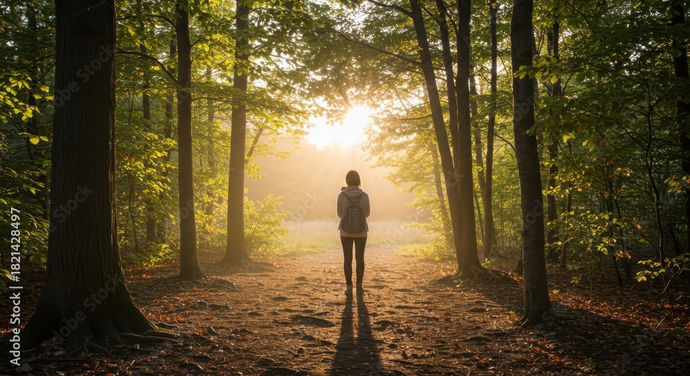 Fototapeta premium Person with backpack walks down sunlit dirt path through dense forest setting