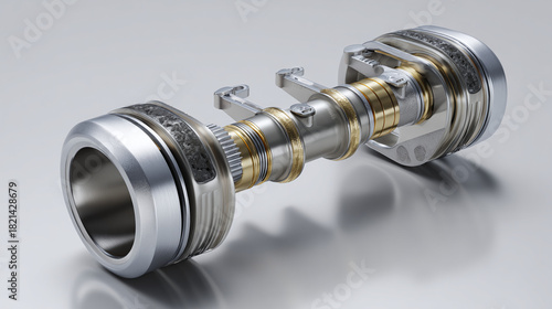 A close-up shot showcasing the intricate details of a meticulously engineered engine piston assembly. The metallic components gleam against a neutral backdrop