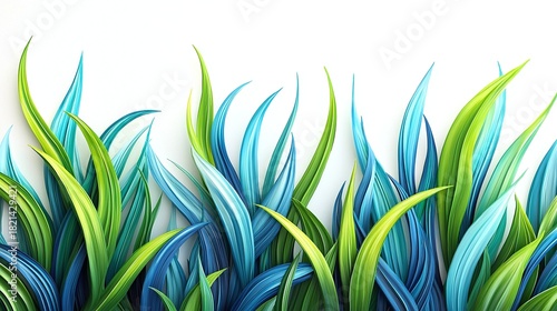 Vibrant Abstract Illustration of Blue and Green Grass-Like Leaves Against a White Background