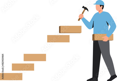 Constructing a New Path Man Building Steps to Success with Hammer and Wood