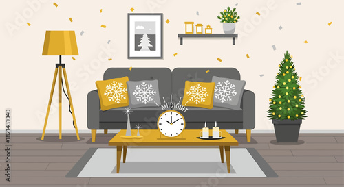 A charming flat design illustration depicting a minimalist living room beautifully adorned for a New Year's Eve celebration, complete with festive accents and a countdown clock. 