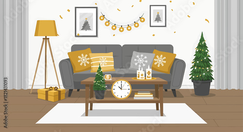 A charming flat design illustration depicting a minimalist living room beautifully adorned for a New Year's Eve celebration, complete with festive accents and a countdown clock. 