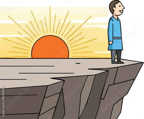 Contemplative Man Admiring Sunrise from Cliff Edge, Embracing Serenity and Reflection at Daybreak