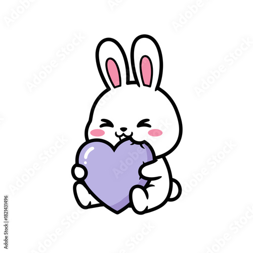 Cute bunny holding a purple heart in a playful pose on isolated background 