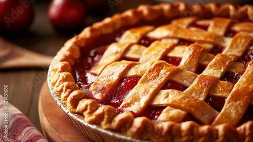 Close-up of homemade cherry pie with golden lattice crust on wooden table