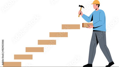 Building Steps A Worker Constructing a Staircase with Bricks and a Hammer