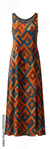 Sleeveless maxi dress featuring a striking geometric pattern and side slit.