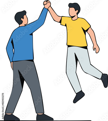 Two men celebrating success by giving a high five in a vector illustration