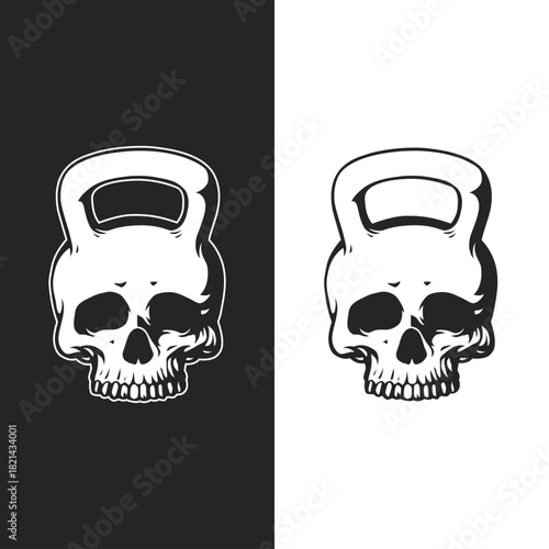 A bold vector illustration of a kettlebell shaped like a human skull, symbolizing strength, power, and hardcore fitness. Designed in a clean black and white style, perfect for gym logos etc.