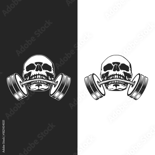 A bold black and white illustration of a skull biting a heavy barbell, symbolizing extreme strength, discipline, and hardcore fitness lifestyle. This vector design is perfect for gym logos etc.