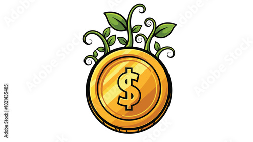 Hand-drawn growth coin with sprouting leaves — sustainable investment emblem for green finance, impact returns and eco-friendly portfolios