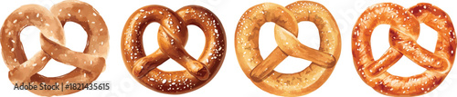 Watercolor Illustration of Pretzel Bread Set. Hand Painted Traditional Baked Snack with Salt Isolated on White Background