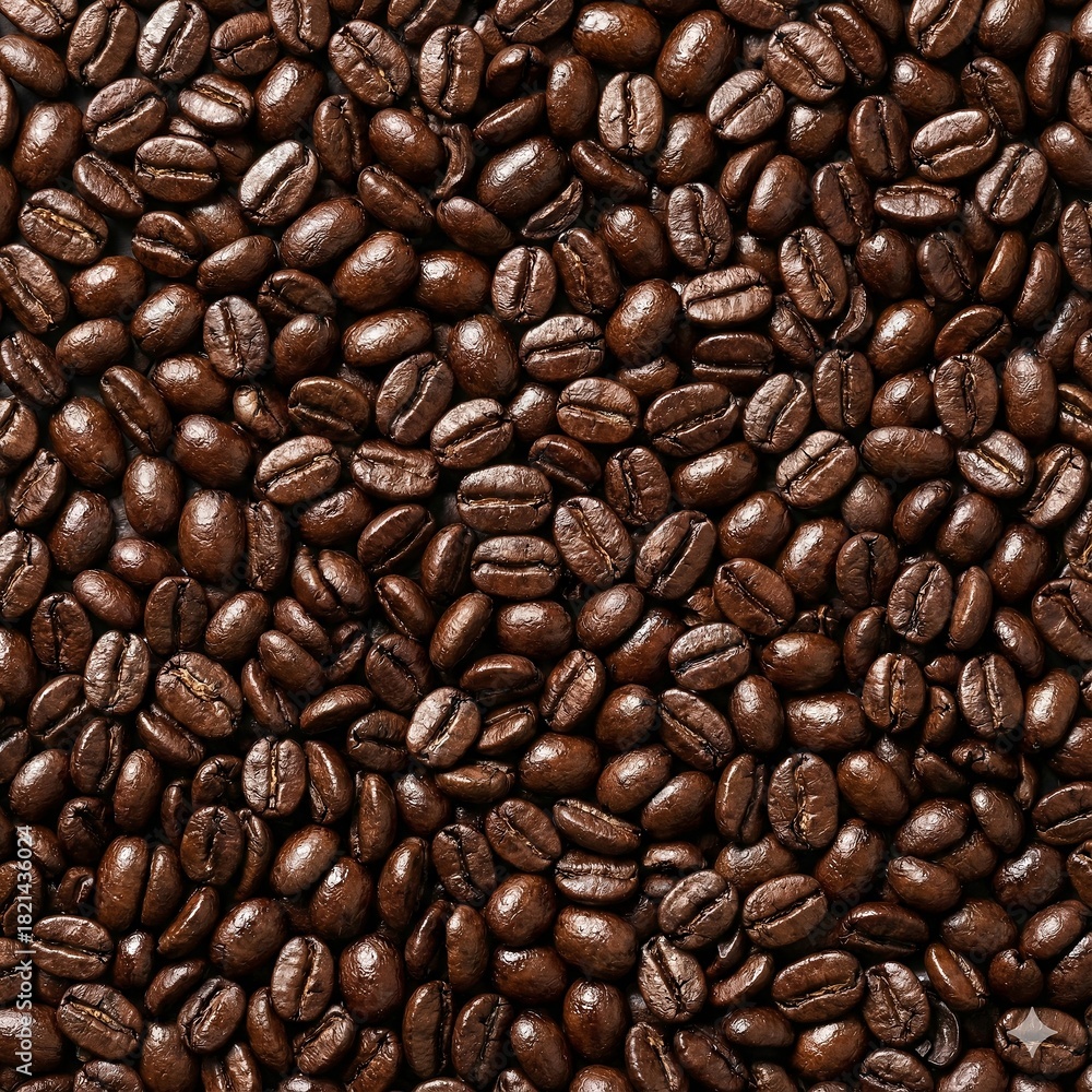 Obraz premium Full frame texture background of fresh roasted dark brown coffee beans, top down view