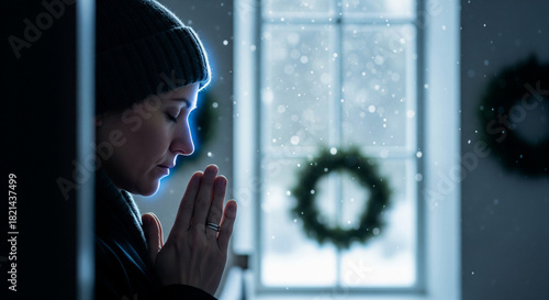 Silent prayer in a serene Scandinavian church illuminated by blue moonlight during winter