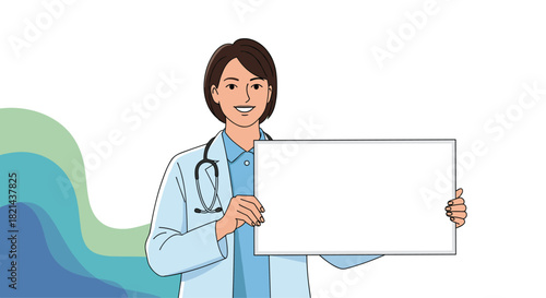 Smiling female doctor in lab coat holding a blank white board for text.